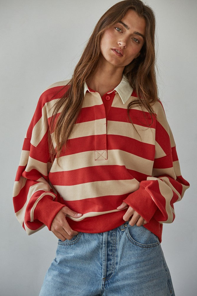 Rolla Striped Rugby Top in Red and Taupe– LADYCO