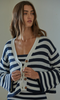 This picture is of a model from the waist up. She is wearing a cropped cardigan in ivory and navy blue horizontal stripes. There are four tortoise shell buttons down the front. The sleeves are wide around the wrist.